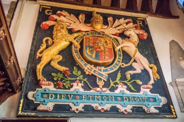 The ornate Stuart royal coat of arms