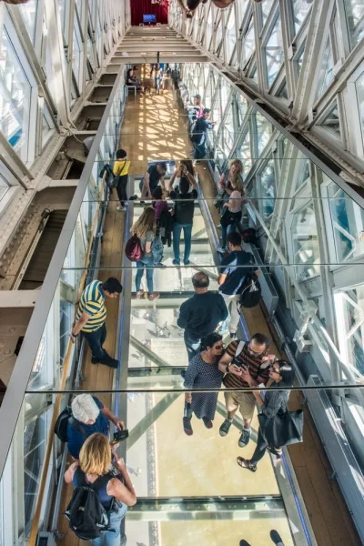 Looking down through the overhead walkway