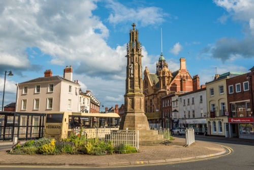 Hereford's War Memorial with the Town Hall beyond