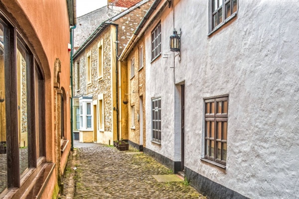 A cobbled street near the harbour in Watchet