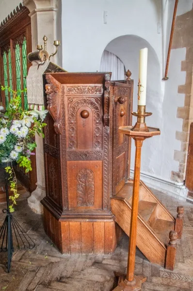 The beautifully carved 17th century pulpit