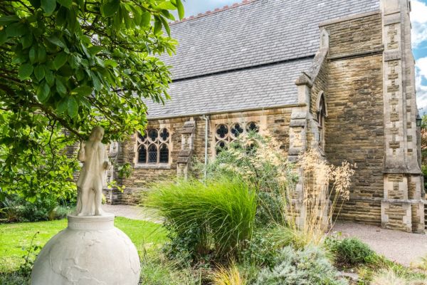 The memorial garden and church
