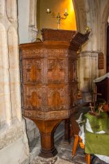 Whitchurch Canonicorum, St Candida & Holy Cross Church, The superbly carved 17th century wineglass pulpit