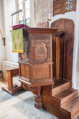 The finely carved Jacobean pulpit