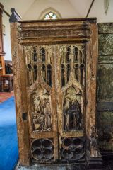 Mass of St Gregory and the Visitation of Mary carvings on the screen