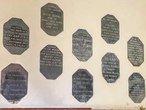 Elwes family memorial plaques in the chancel