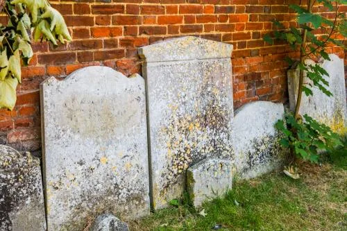 Old gravestones against the park wall<