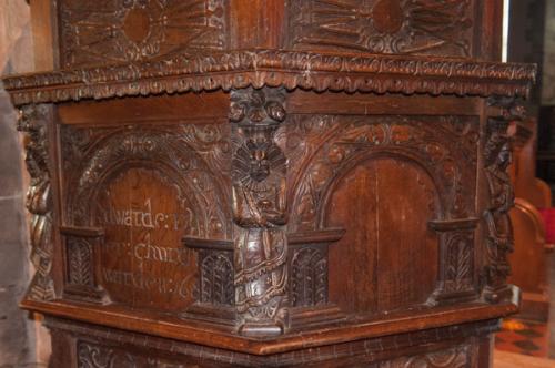 Carved panels on the 17th-century pulpit