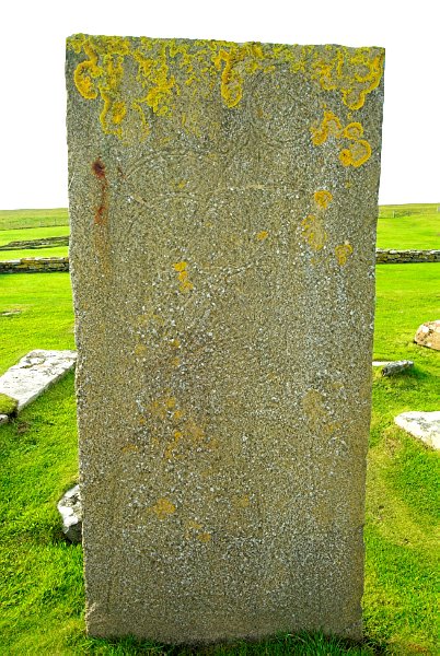 A replica cast of the famous Pictish symbol stone found on the site. The original is on display in the visitor centre. Photo of the Brough of Birsay, Orkney Islands.