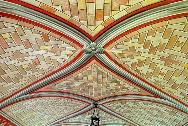 The ceiling of the Italian Chapel. Here the effect of vaulting is skilfully achieved with paint alone. Photo of the Orkney Islands, Scotland.