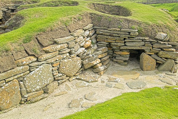 Exterior hut wall. Photo of Skara Brae, a prehistoric village on the Orkney Islands, Scotland.