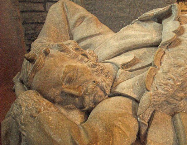 The effigy of John Rae, arctic explorer, at the south east end of the chancel. Photo of St Magnus Cathedral, Kirkwall, Orkney Islands, Scotland.