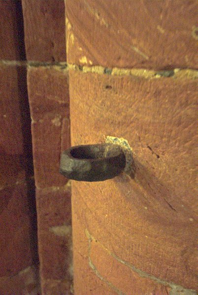 This iron ring in a nave pillar was set here by Cromwell's troops in the Wars of the Three Kingdoms (in the 1650s), as a tether point for horses stabled in the cathedral. Photo of St Magnus Cathedral, Kirkwall, Orkney Islands, Scotland.