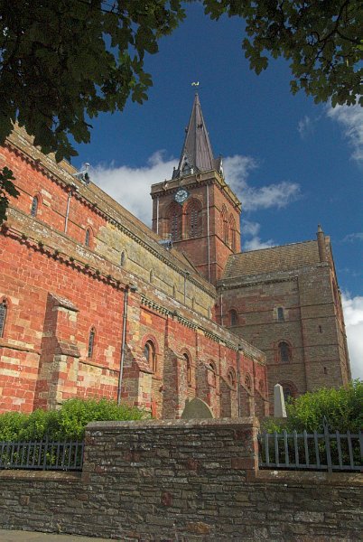 Photo of St Magnus Cathedral, Kirkwall, Orkney Islands, Scotland. Note the butresses on the south side supporting the walls.