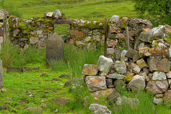 A tumbledown stone sheep enclosure beside the River Ord. Stock photo of Glen Ord on the Isle of Skye, Scotland. Part of the Britain Express Travel and Heritage Picture Library, Scotland collection.