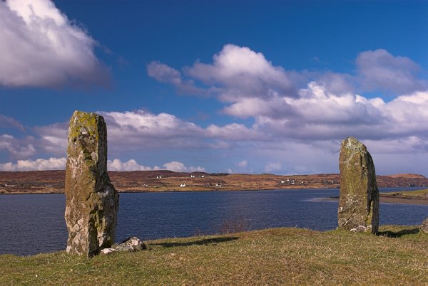 Standing stones at Kensaleyre, on the edge of Loch Snizort Beag. Stock photo of the Isle of Skye, Scotland. Part of the Britain Express Travel and Heritage Picture Library, Scotland collection.