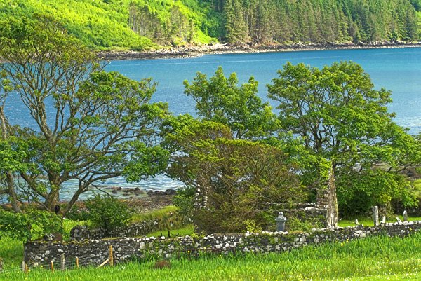 The ruined church and graveyard on the shores of Loch Eynort. Stock photo of Loch Eynort on the Isle of Skye, Scotland. Part of the Britain Express Travel and Heritage Picture Library, Scotland collection.