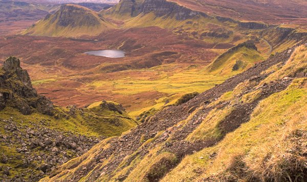 View looking south along the Quiraing, near Staffin. Stock photo of the Quiraing on the Isle of Skye, Scotland. Part of the Britain Express Travel and Heritage Picture Library, Scotland collection.