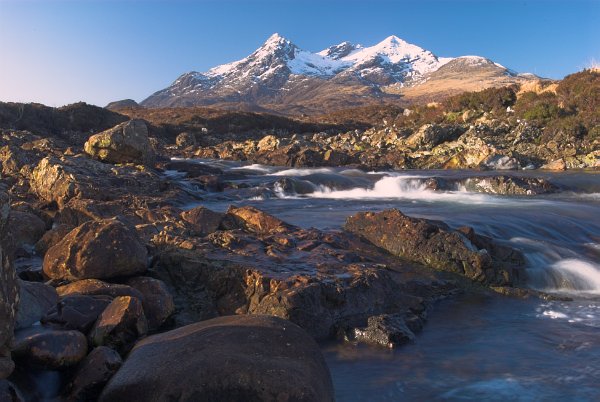 Sligachan River, looking south to the Cuillin Hills. Photo of the view to the Cuillins from Sligachan on the Isle of Skye, Scotland. Part of the Britain Express Travel and Heritage Picture Library, Scotland collection.