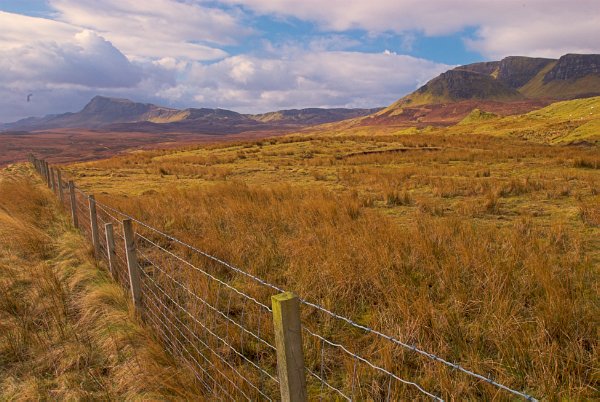Burnished fields lie below the Trotternish ridge. Stock photo of the Trotternish Peninsula on the Isle of Skye, Scotland. Part of the Britain Express Travel and Heritage Picture Library, Scotland collection.