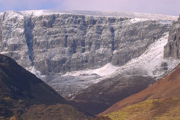 View of the snow-dusted Trotternish Ridge. Stock photo of the Trotternish Ridge near Staffin on the Isle of Skye, Scotland. Part of the Britain Express Travel and Heritage Picture Library, Scotland collection.